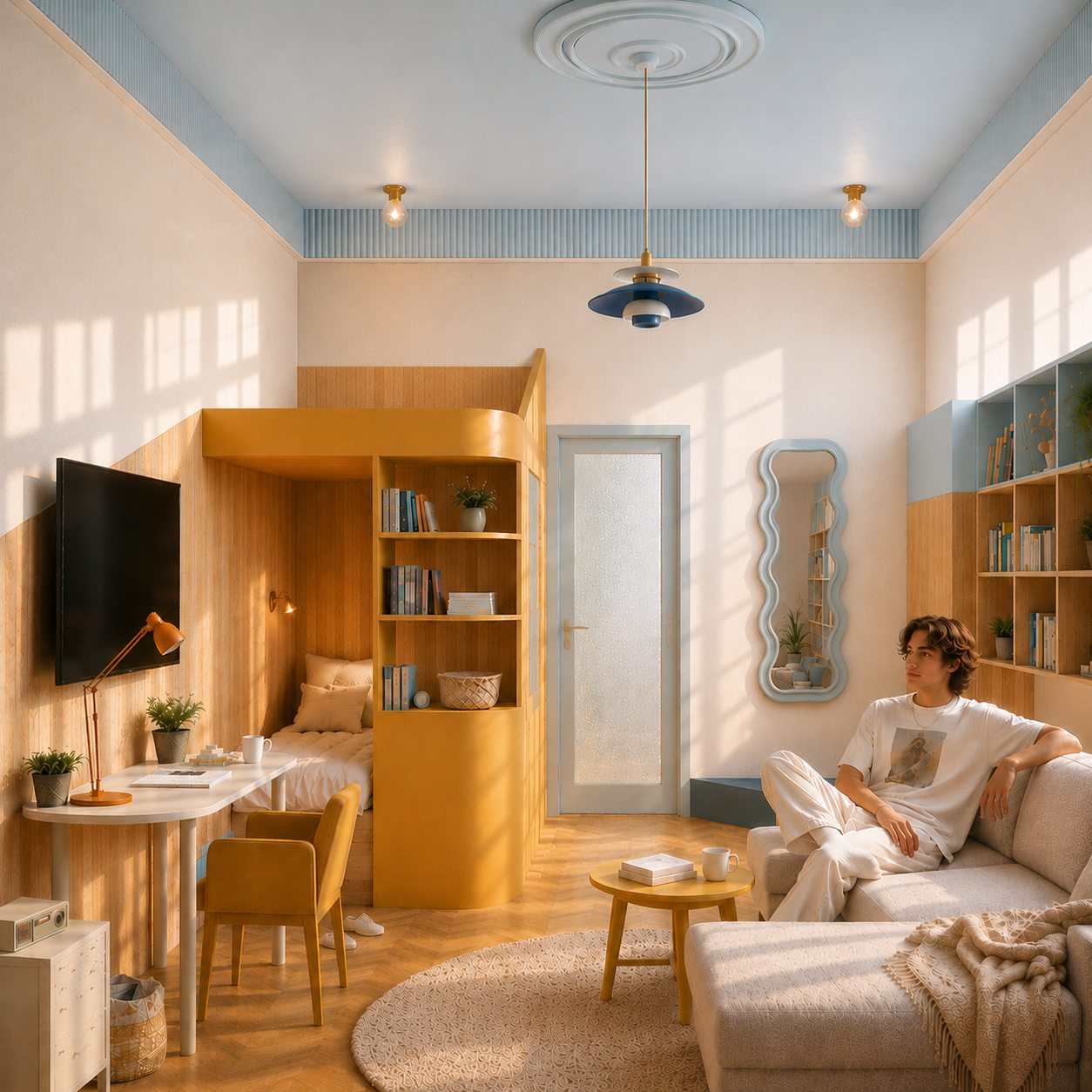 Micro-apartment with yellow loft bed and study corner