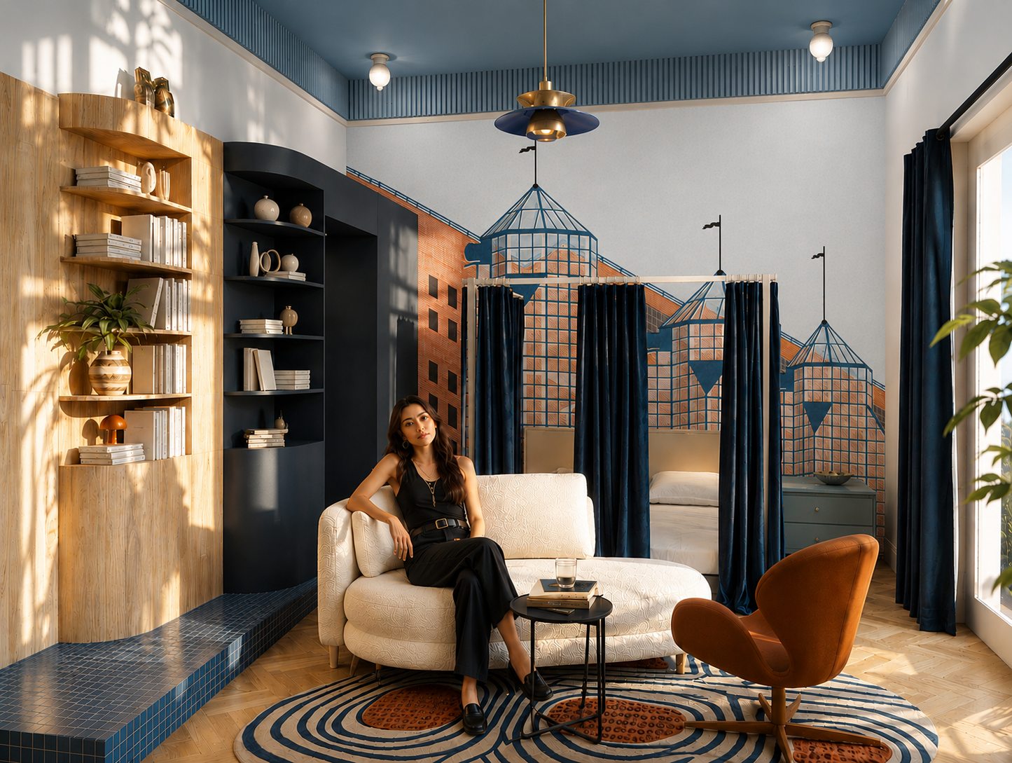 Micro-apartment with postmodern Budapest mural and curtained sleeping alcove