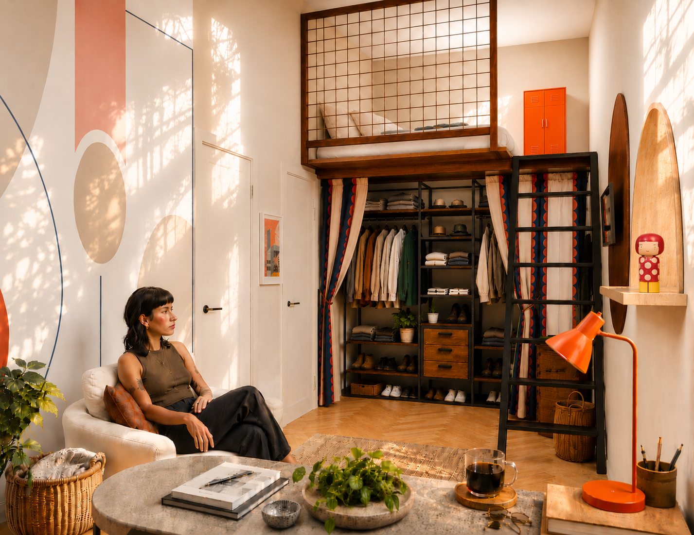 Micro-apartment with loft bed above an open wardrobe
