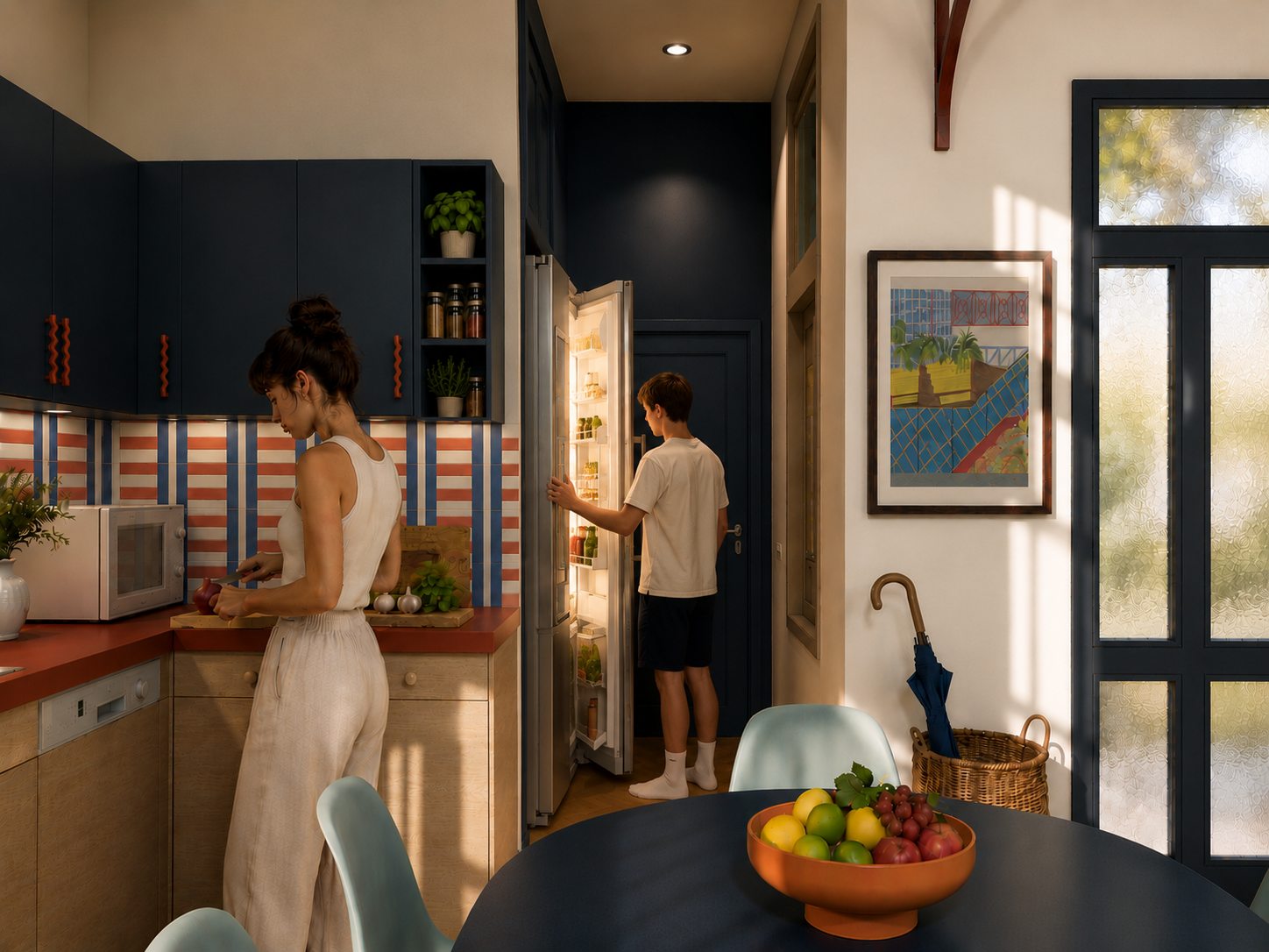 Shared kitchen with navy cabinets and striped tiles